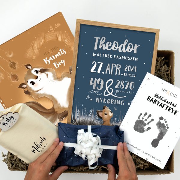 gavekurv babyaftryk barnets bog fødselsplakat milepælskort